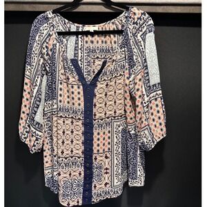 Halo Womens 1X Blouse Navy Blue Coral Patchwork Grommet Neck 3/4 Sleeve Top